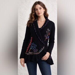 Forla Paris Sweater Black Wool Blend Floral Applique Ruffle Boho Grungy Medium